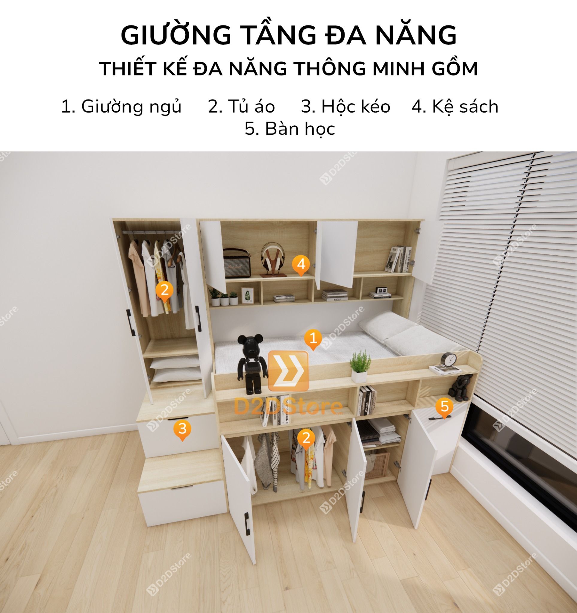  Giường ngủ kết hợp bàn học tủ áo GDN.BT05 