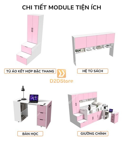 Giường ngủ kết hợp bàn học tủ áo GDN.BT05