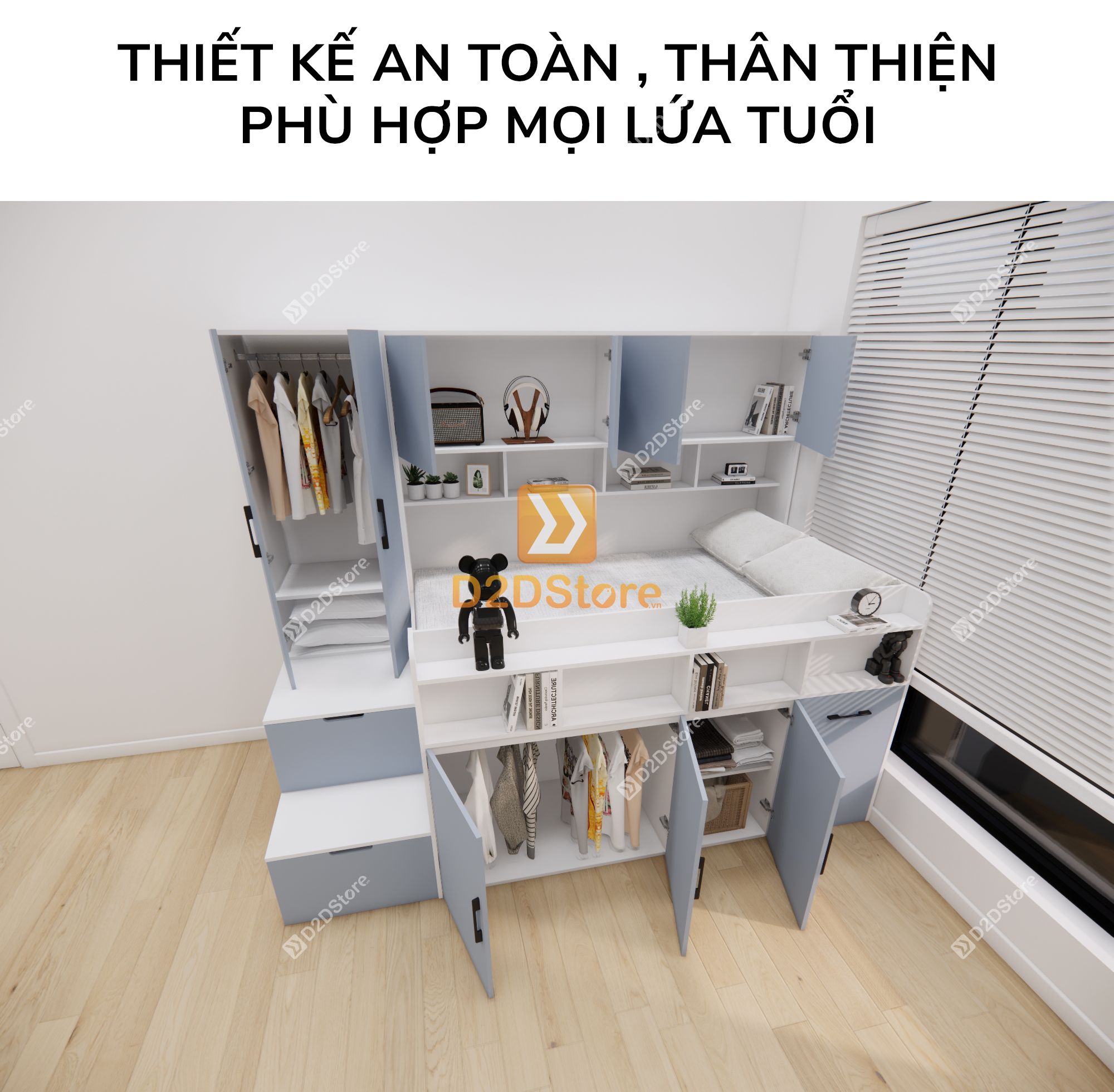 Giường ngủ kết hợp bàn học tủ áo GDN.BT05 