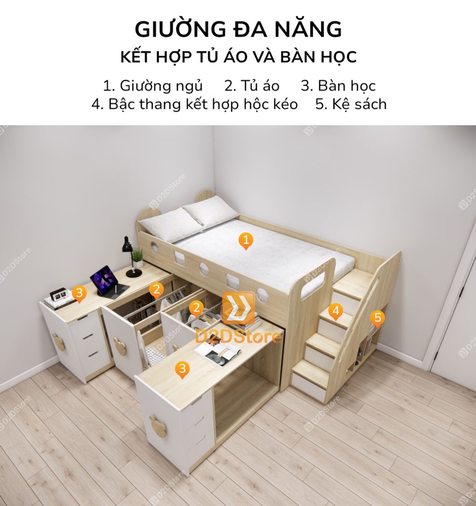 Giường ngủ kết hợp bàn học tủ áo GDN.BT18