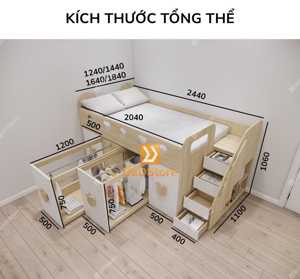 Giường ngủ kết hợp bàn học tủ áo GDN.BT18