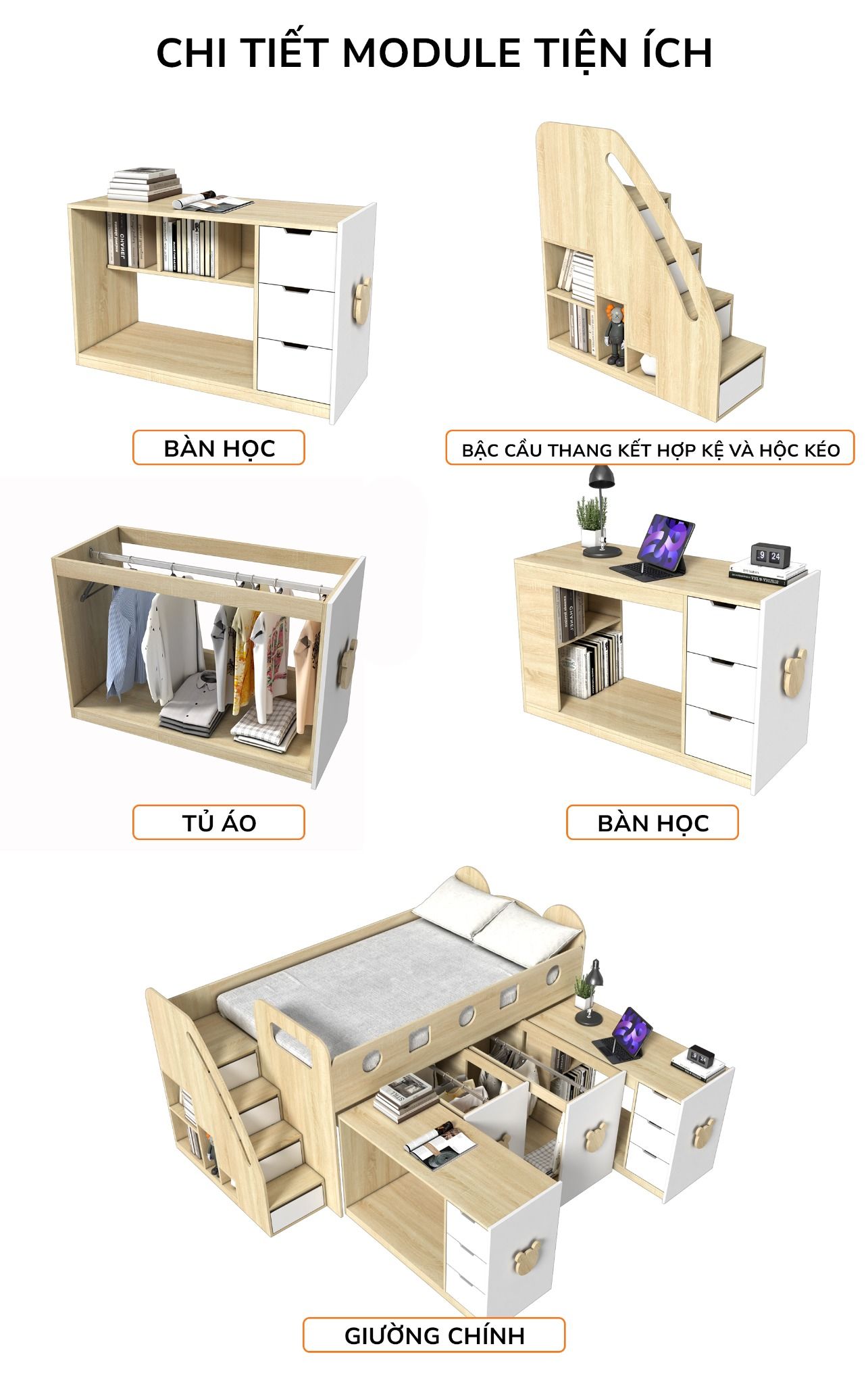  Giường ngủ kết hợp bàn học tủ áo GDN.BT18 