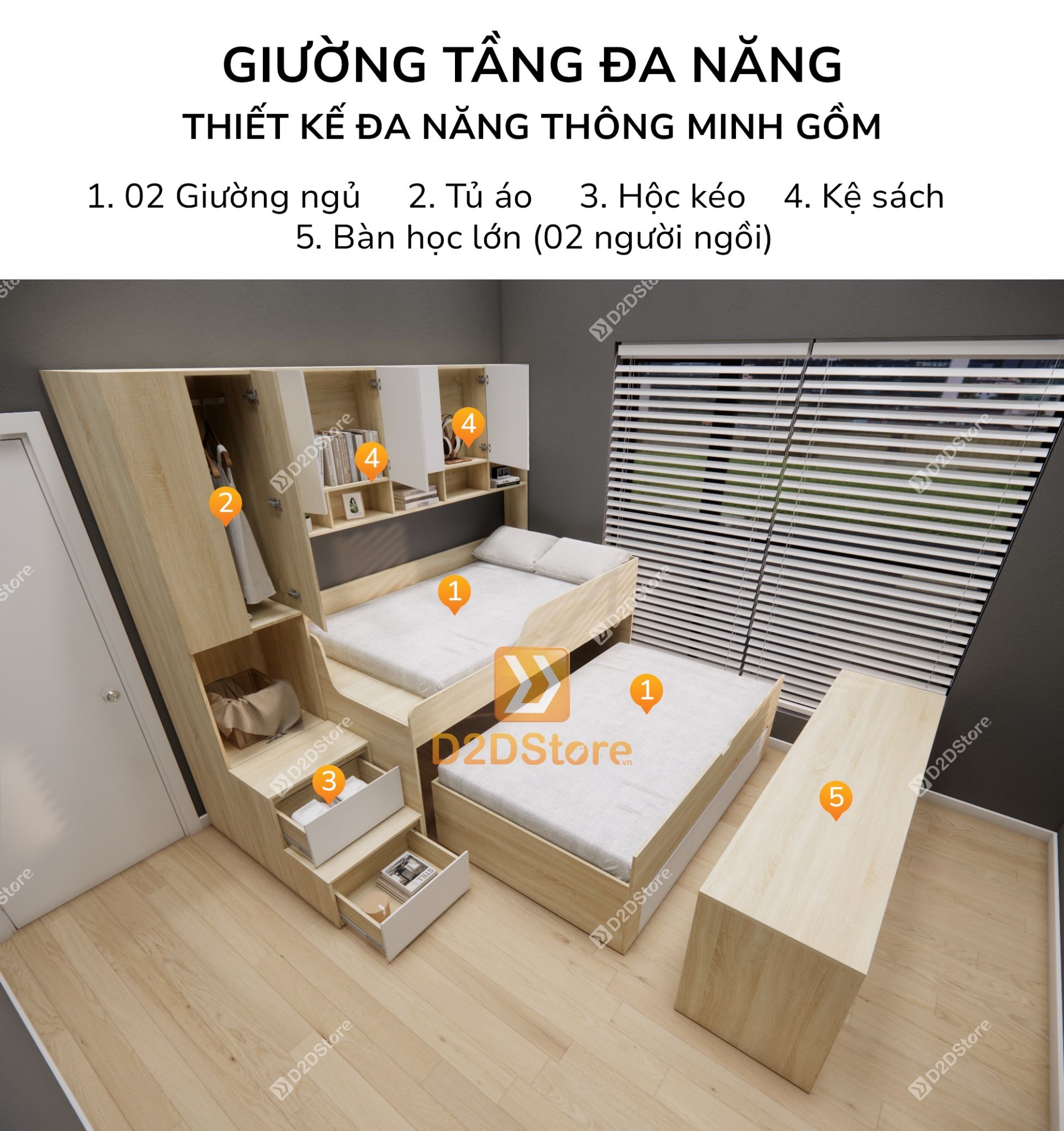  Giường ngủ kết hợp bàn học tủ áo GDN.BT20 