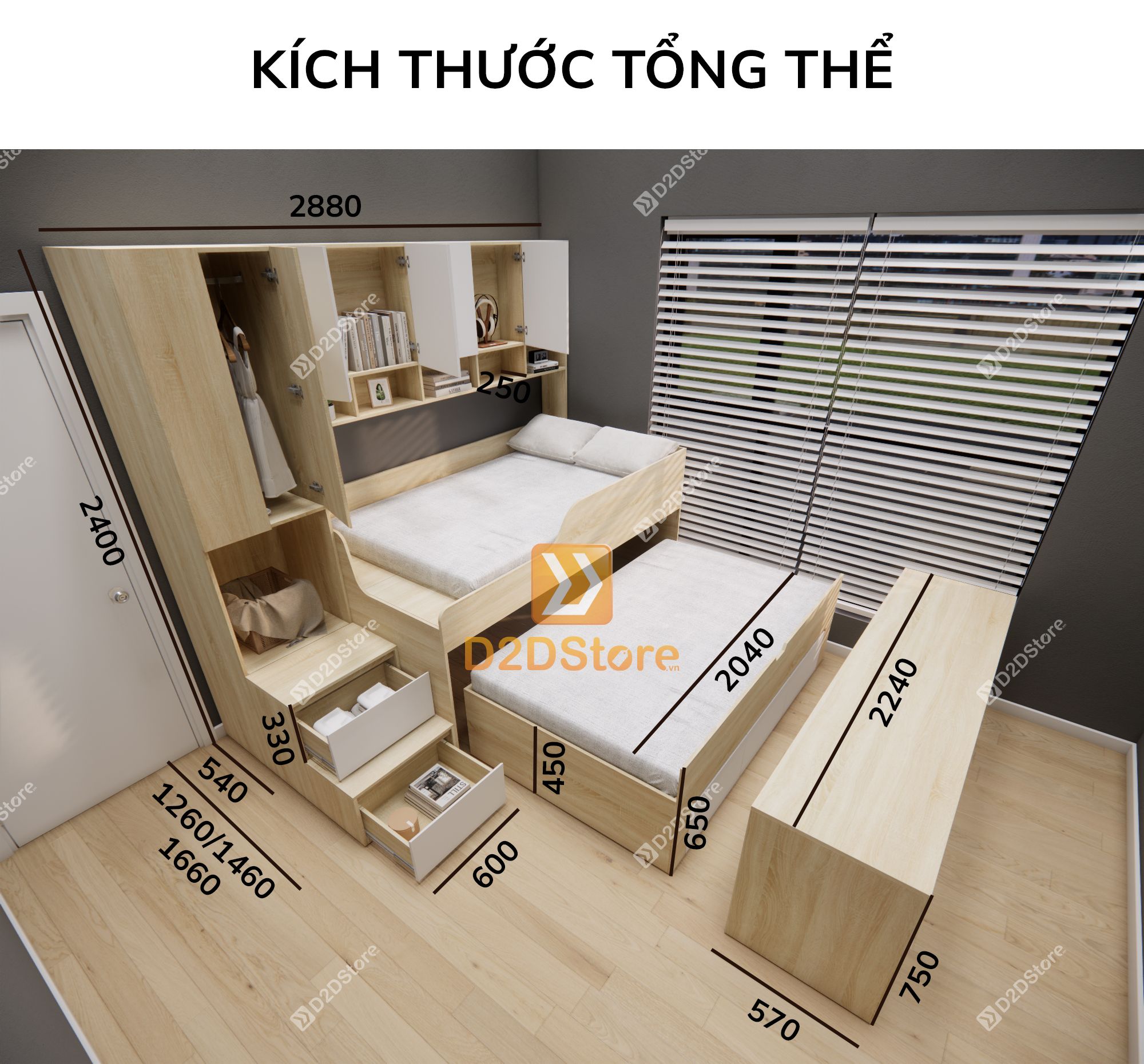  Giường ngủ kết hợp bàn học tủ áo GDN.BT20 