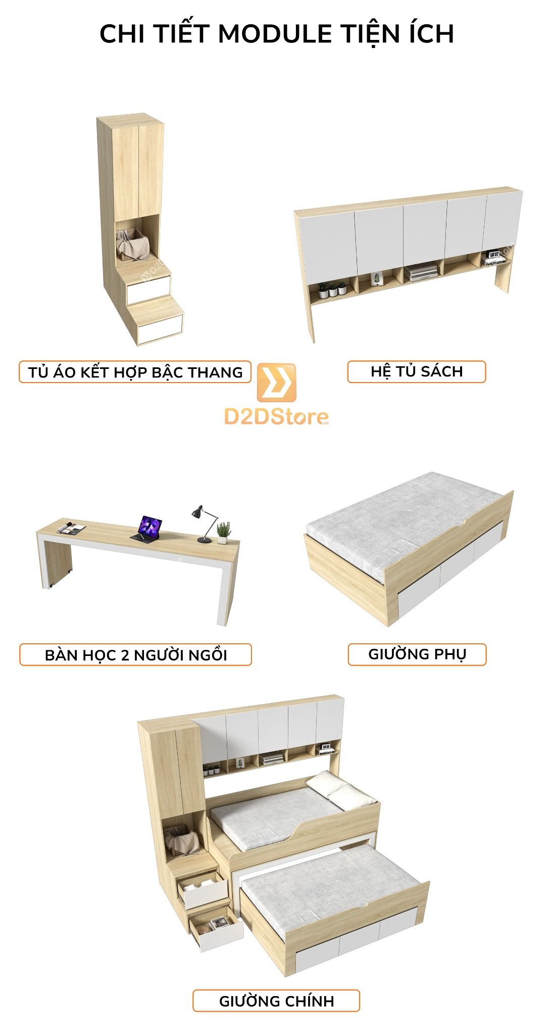  Giường ngủ kết hợp bàn học tủ áo GDN.BT20 