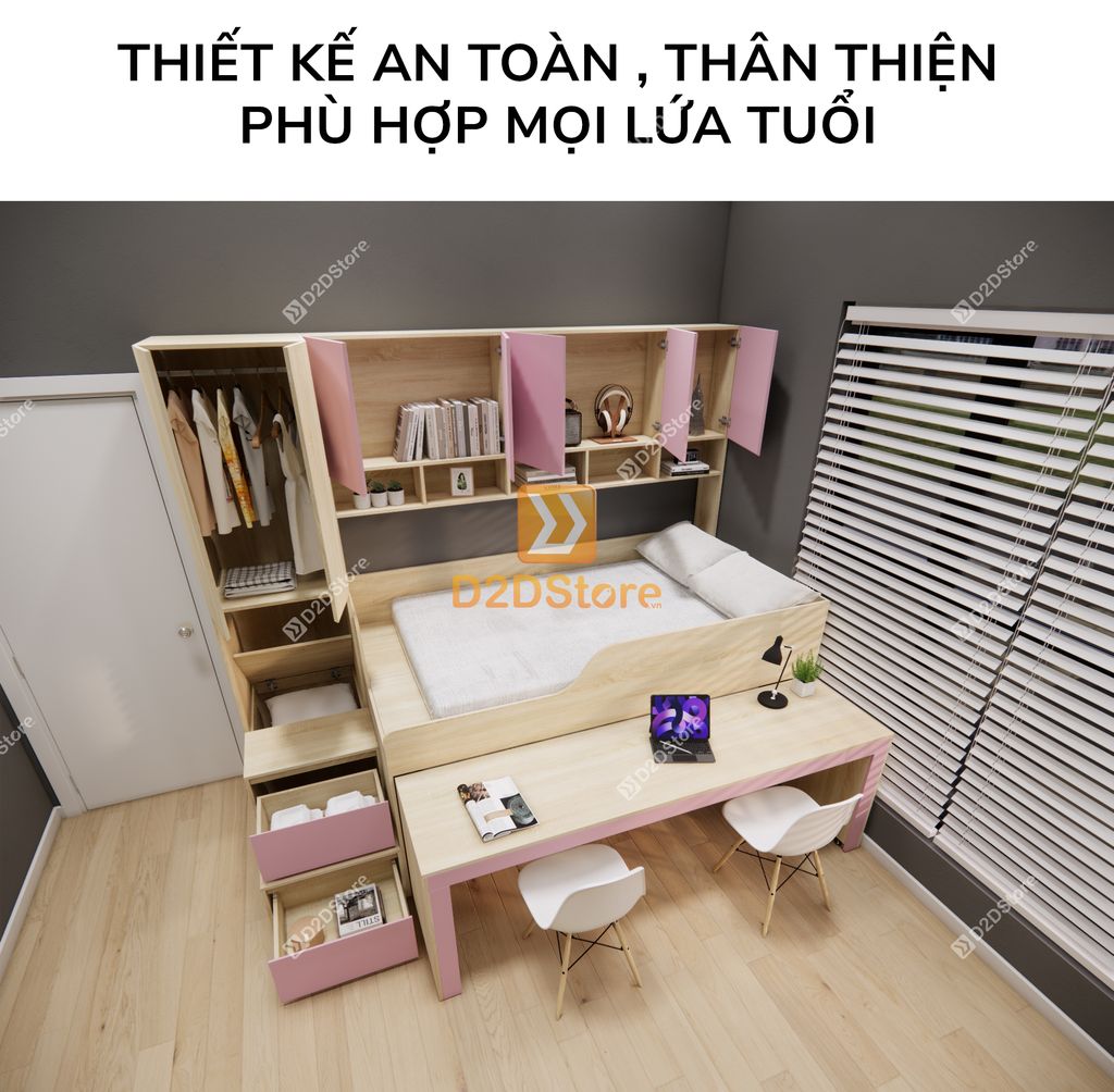 Giường ngủ kết hợp bàn học tủ áo GDN.BT20