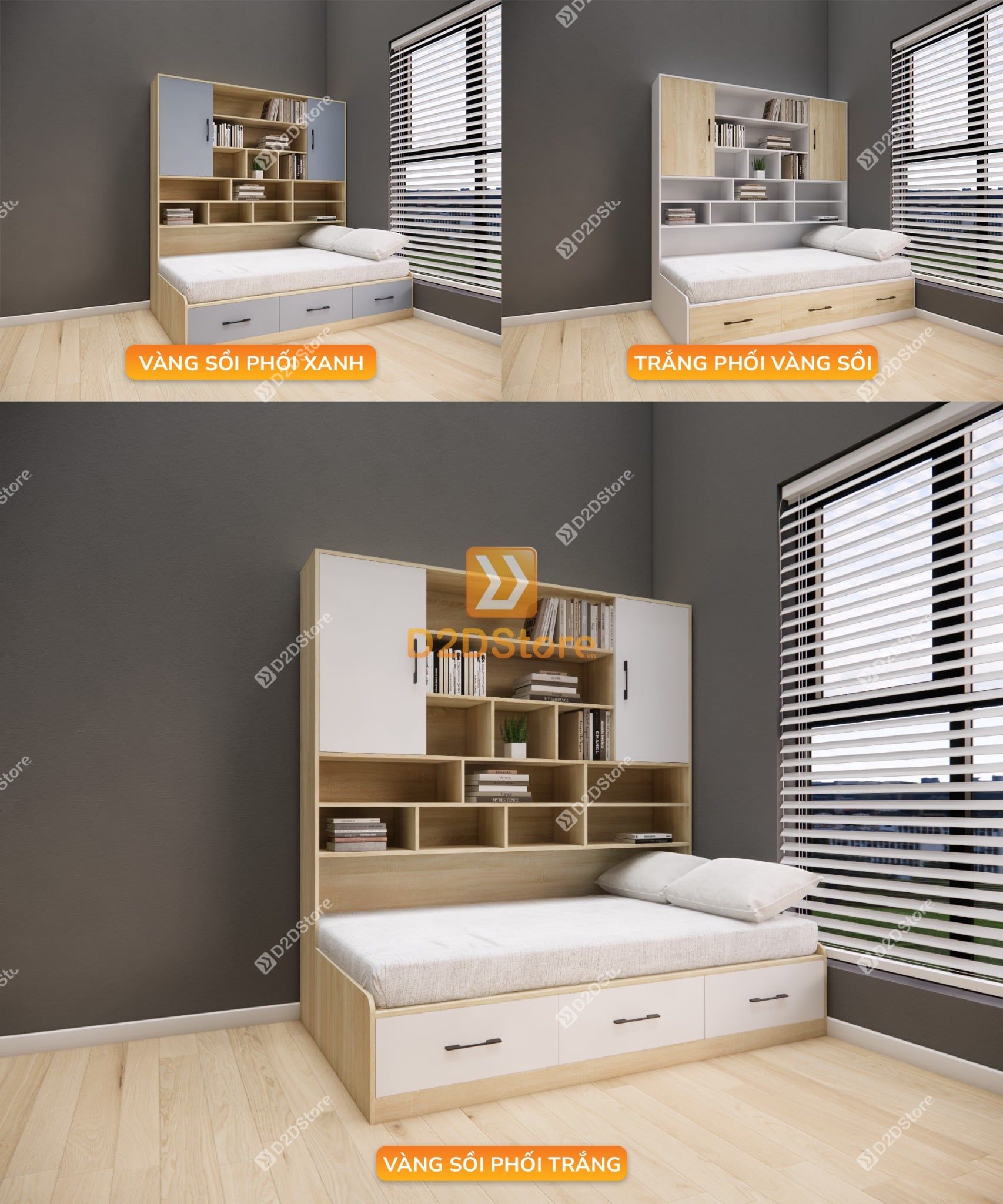  Giường ngủ kết hợp tủ kệ sách GDN.KS01 