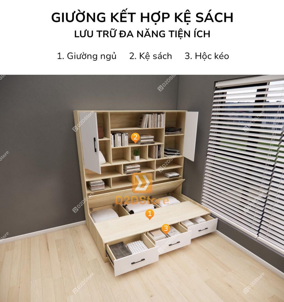 Giường ngủ kết hợp tủ kệ sách GDN.KS01
