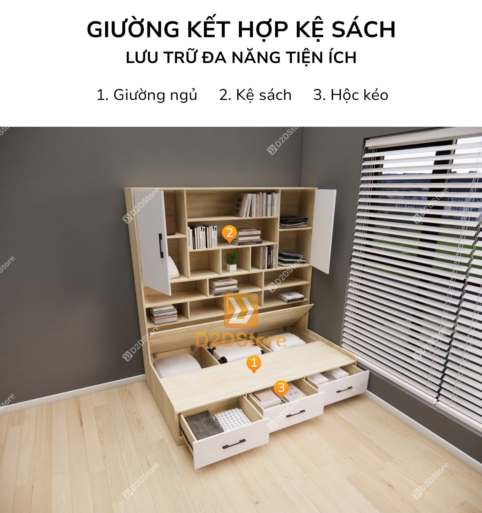  Giường ngủ kết hợp tủ kệ sách GDN.KS01 