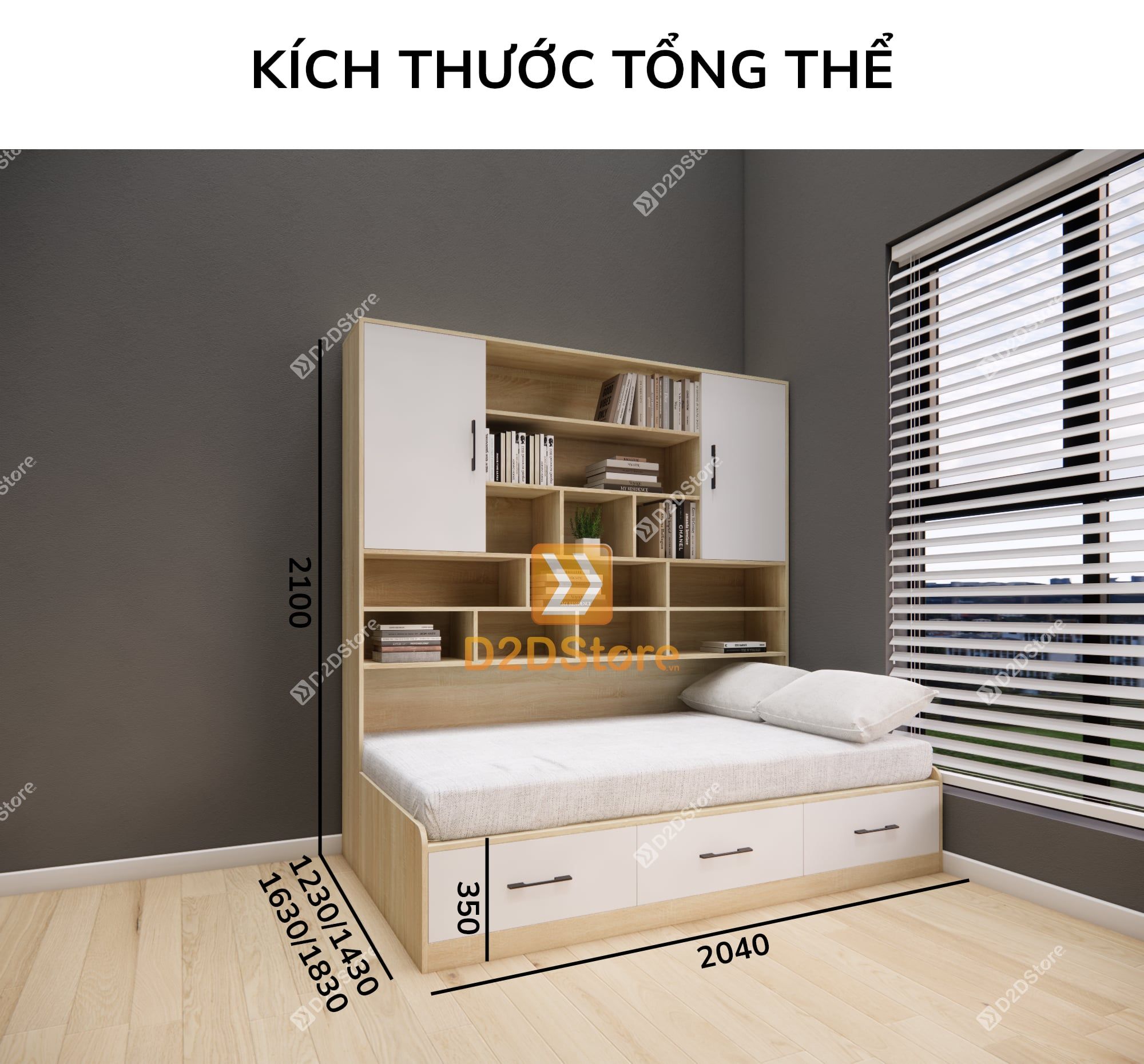  Giường ngủ kết hợp tủ kệ sách GDN.KS01 