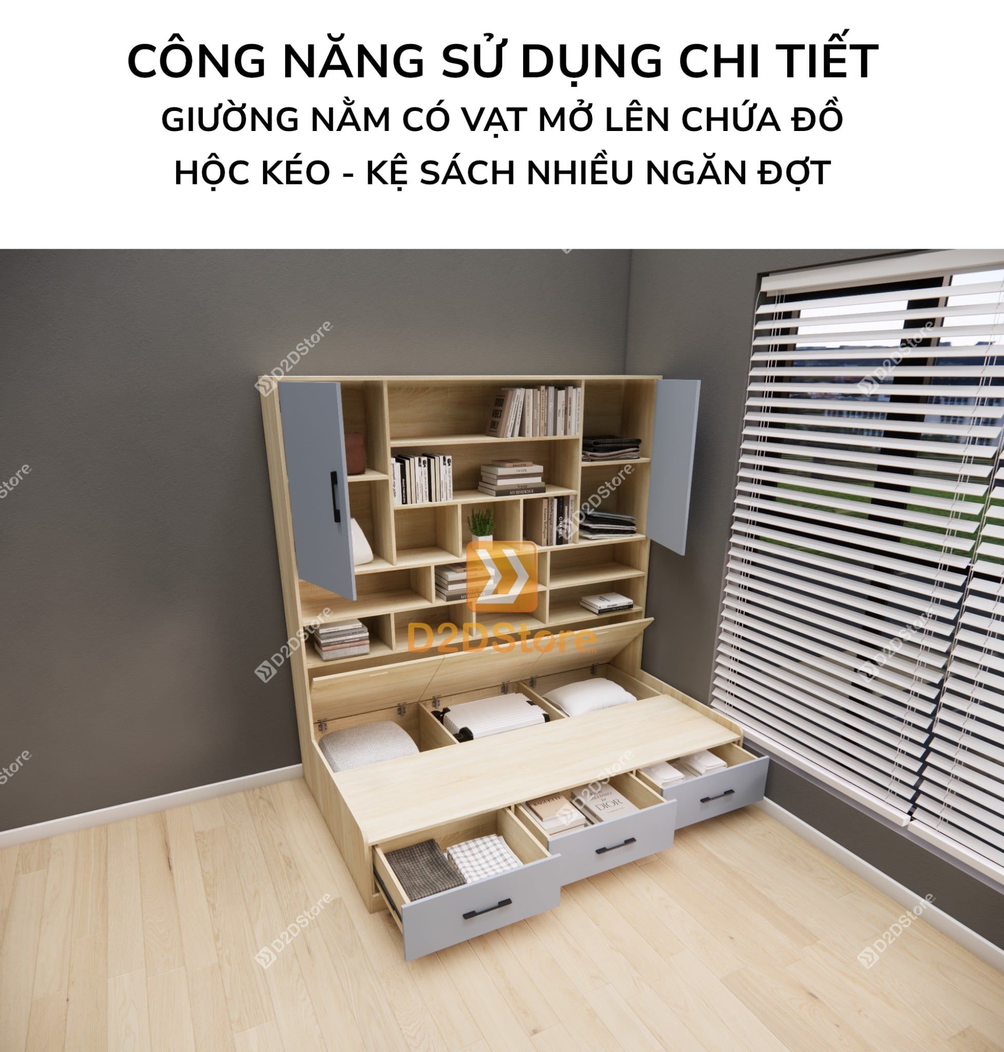  Giường ngủ kết hợp tủ kệ sách GDN.KS01 