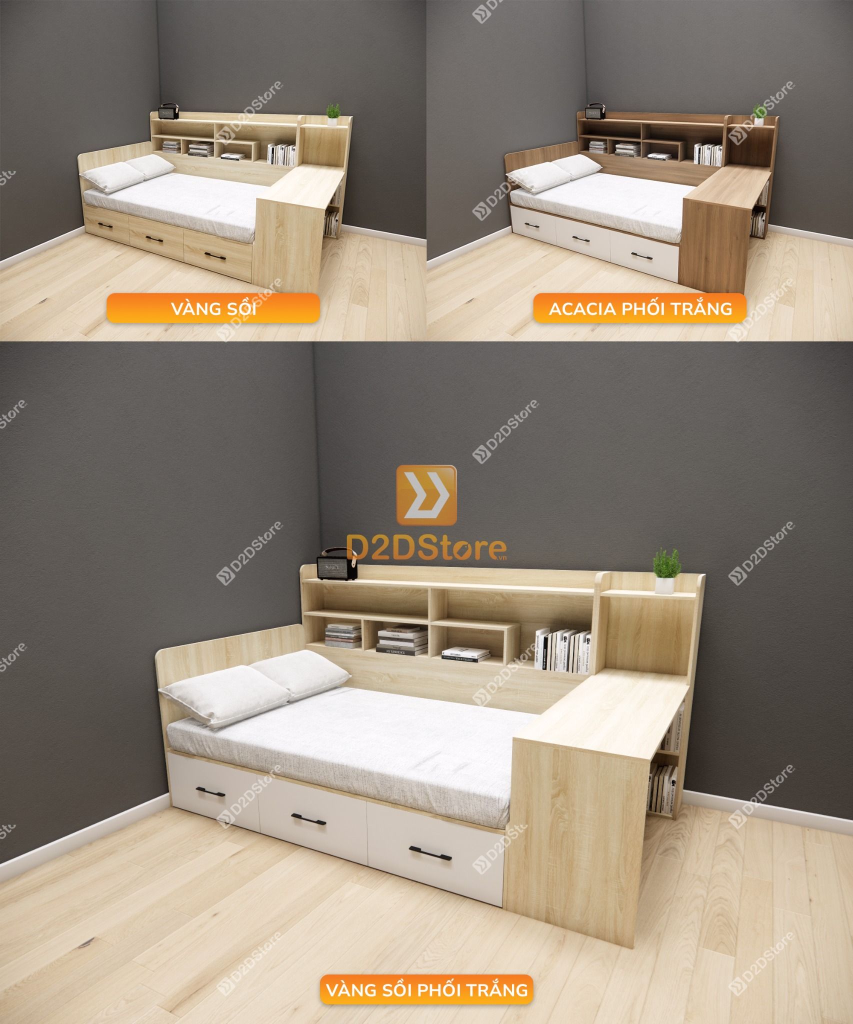  Giường ngủ kết hợp tủ kệ sách GDN.KS02 