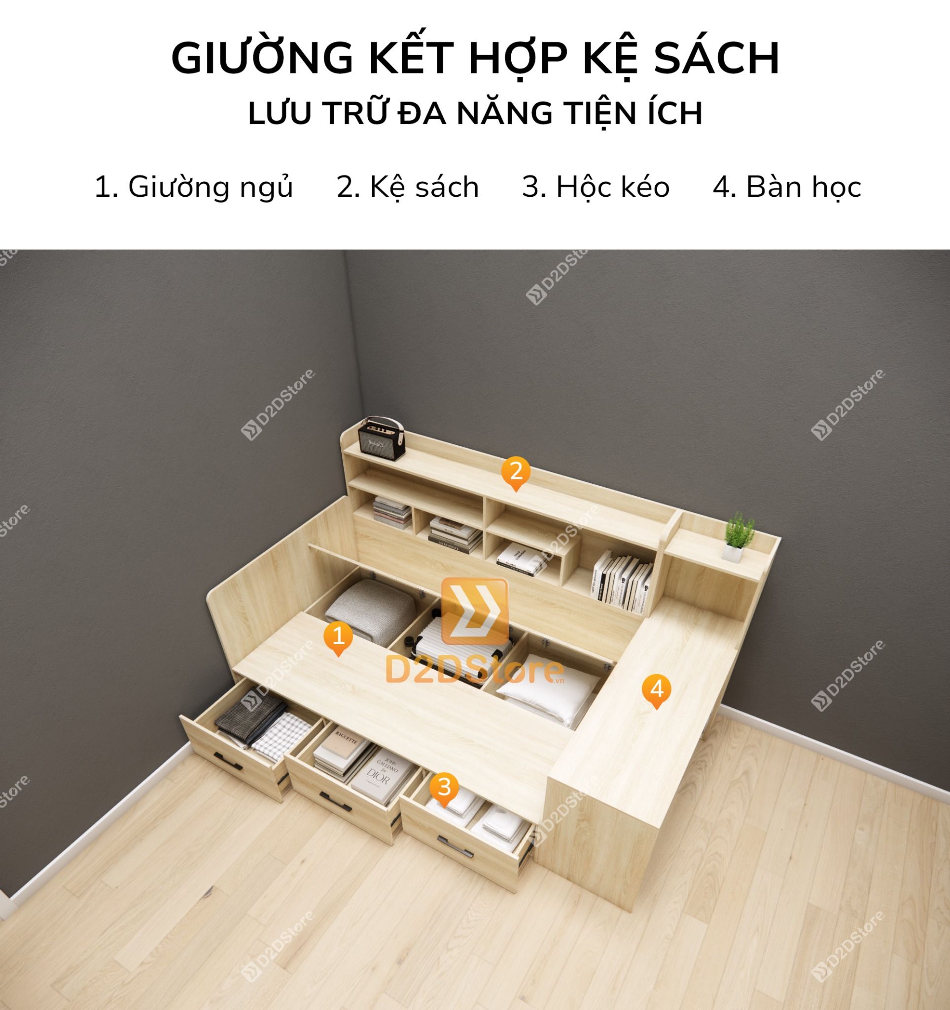  Giường ngủ kết hợp tủ kệ sách GDN.KS02 