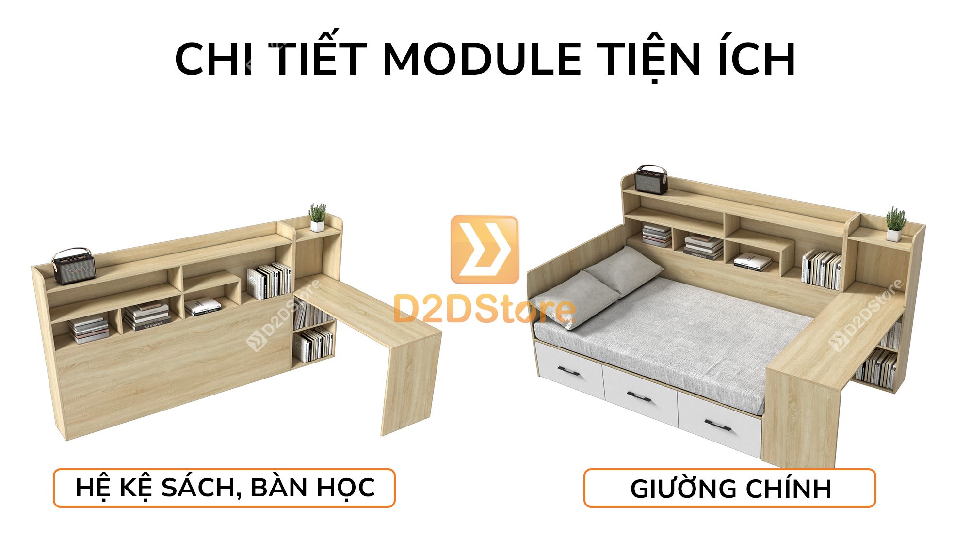  Giường ngủ kết hợp tủ kệ sách GDN.KS02 