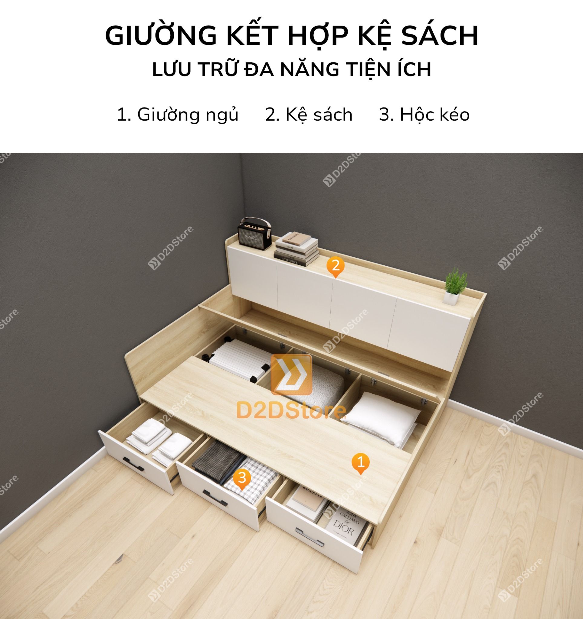  Giường ngủ kết hợp tủ kệ sách GDN.KS03 