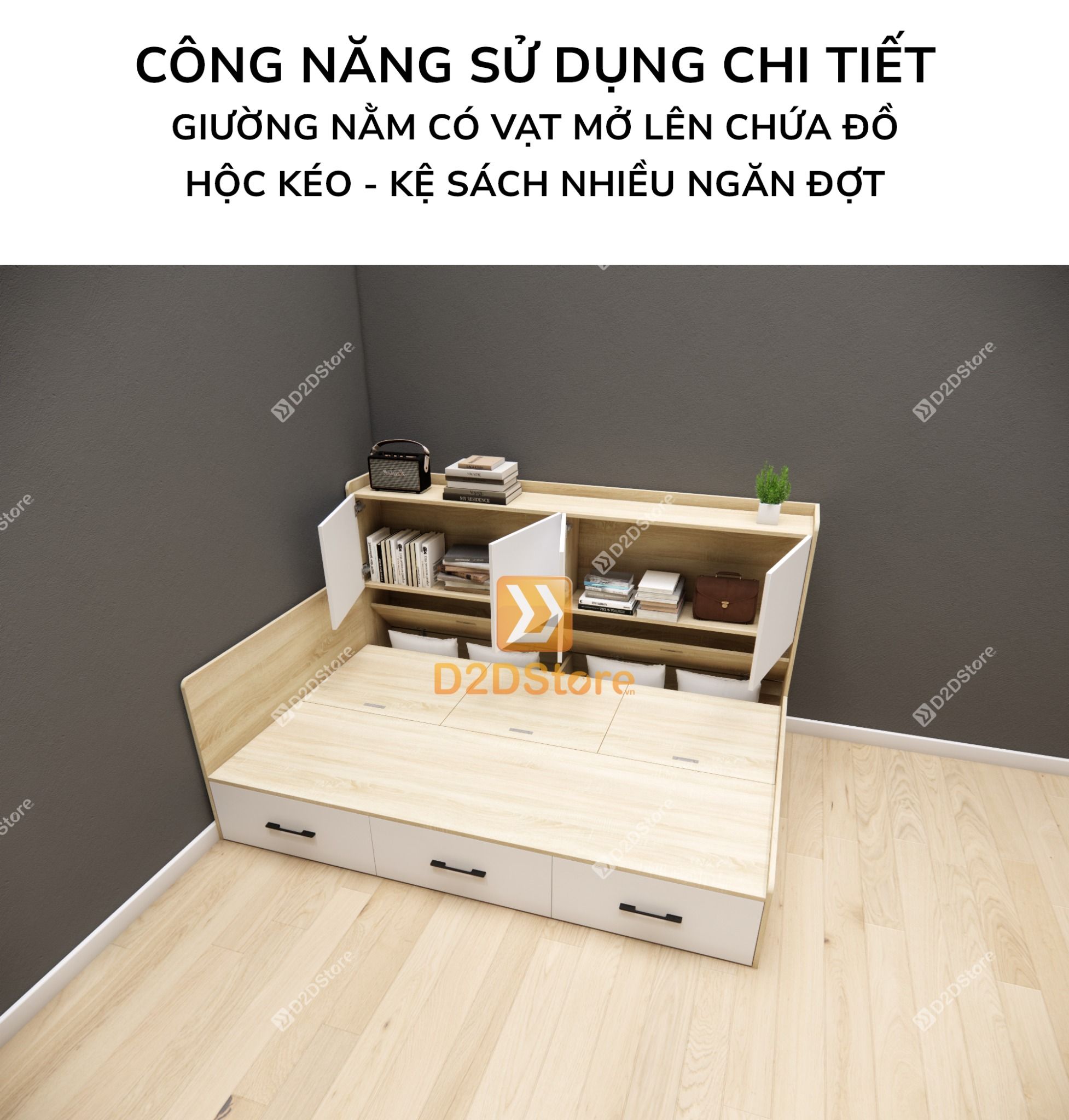  Giường ngủ kết hợp tủ kệ sách GDN.KS03 