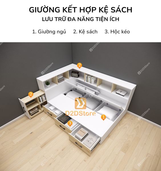 Giường ngủ kết hợp tủ kệ sách GDN.KS04