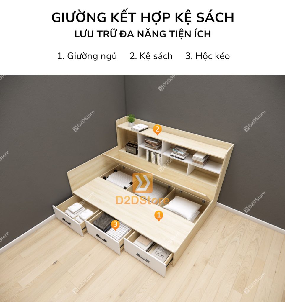 Giường ngủ kết hợp tủ kệ sách GDN.KS05