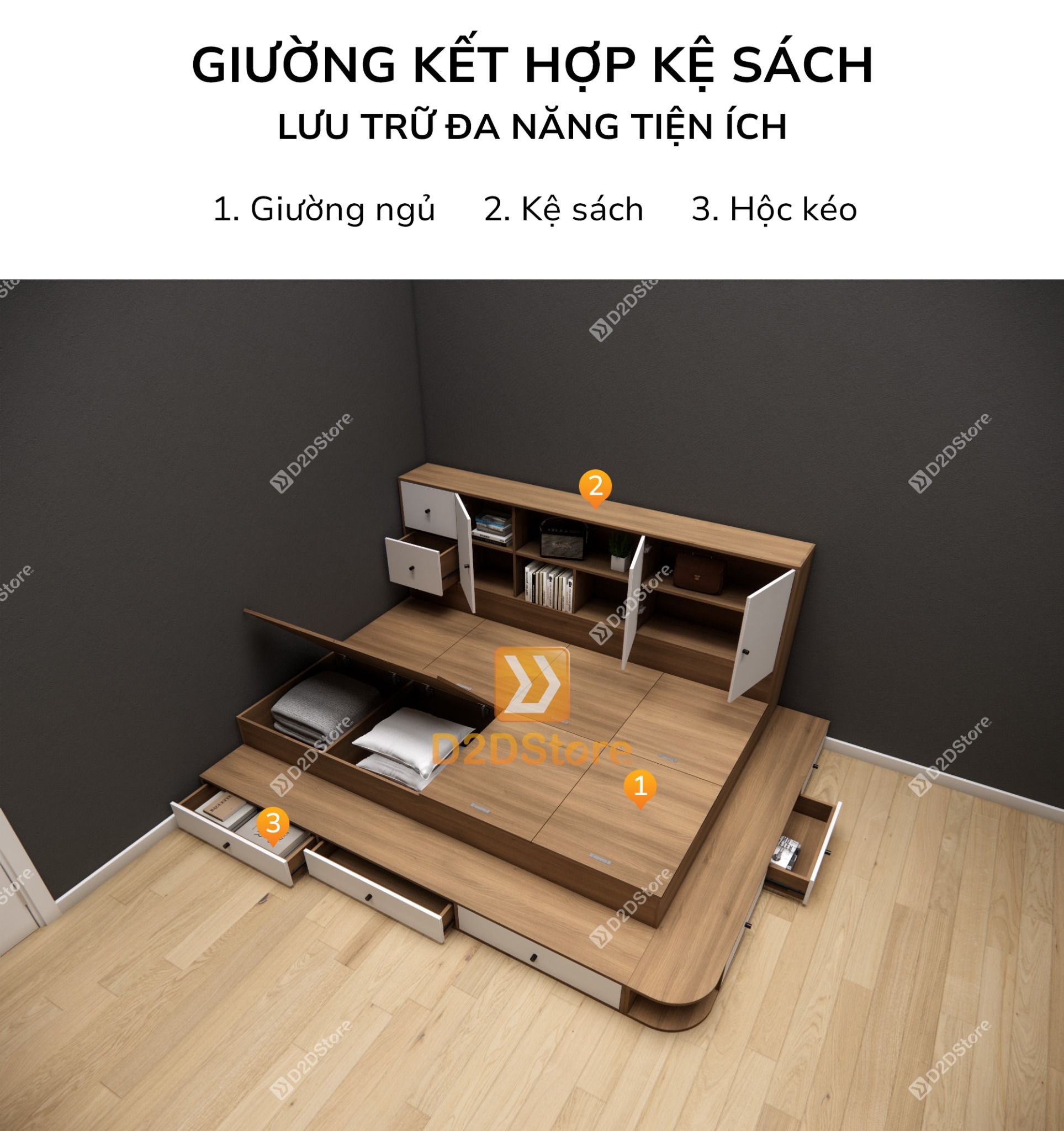  Giường ngủ kết hợp tủ kệ sách GDN.KS07 