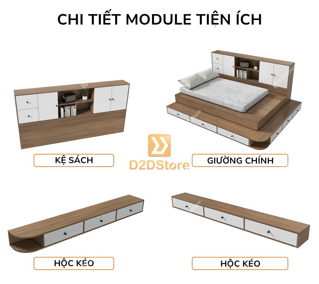 Giường ngủ kết hợp tủ kệ sách GDN.KS07