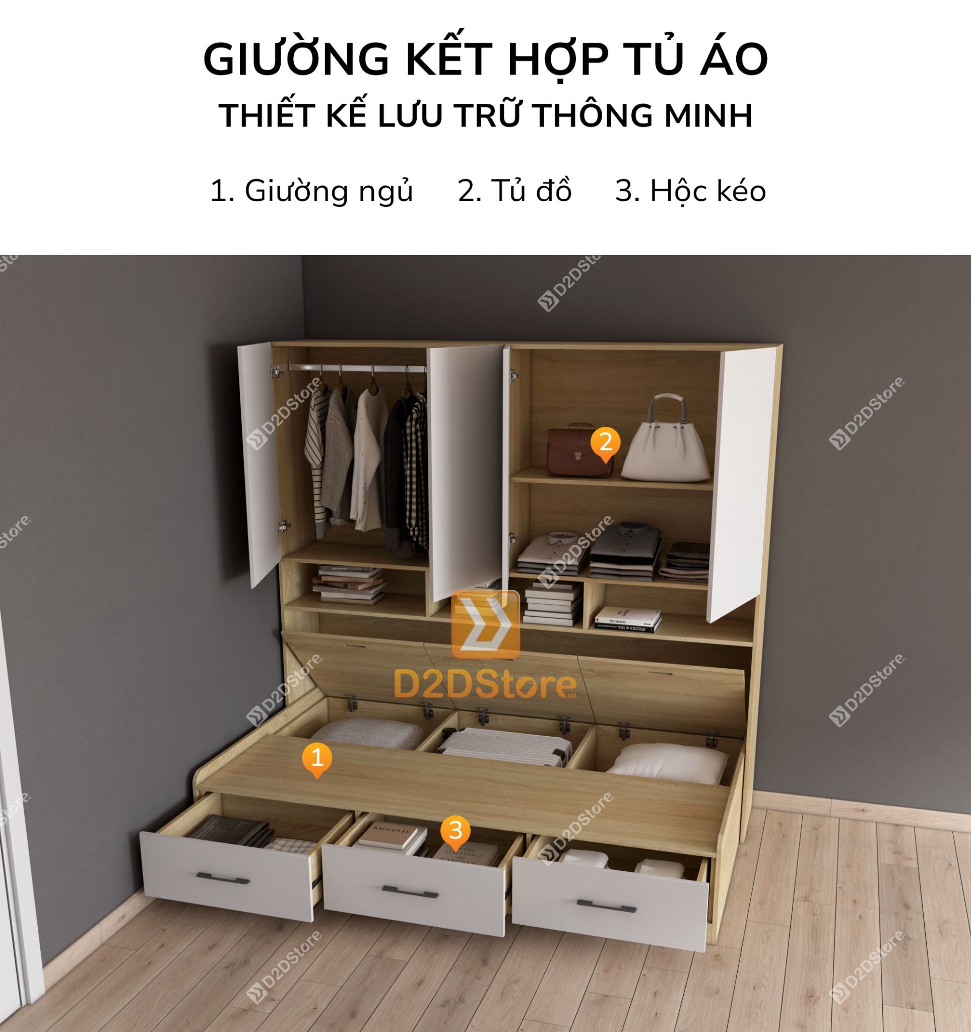  Giường ngủ kết hợp tủ áo GDN.TA04 