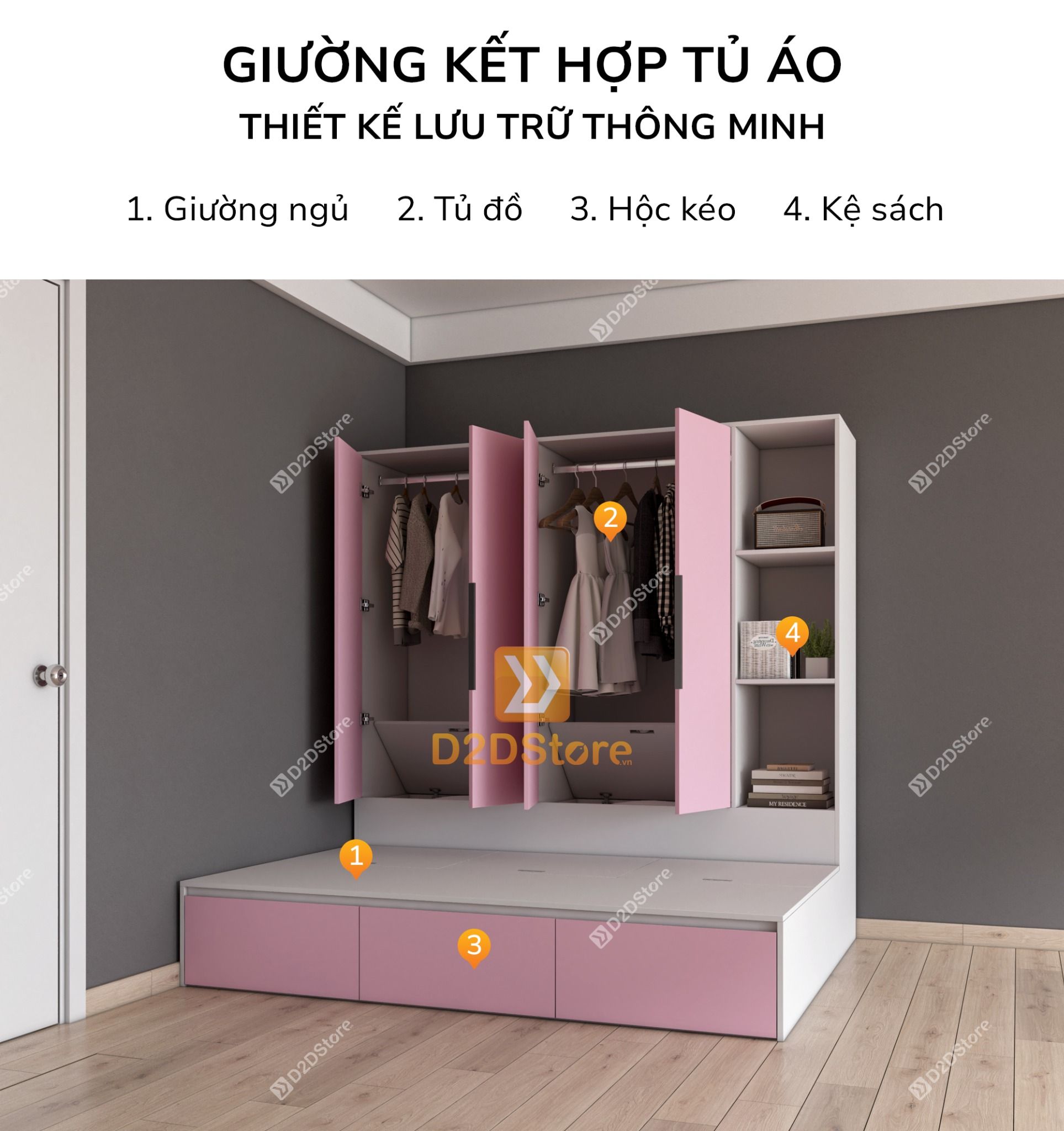  Giường ngủ kết hợp tủ áo GDN.TA05 