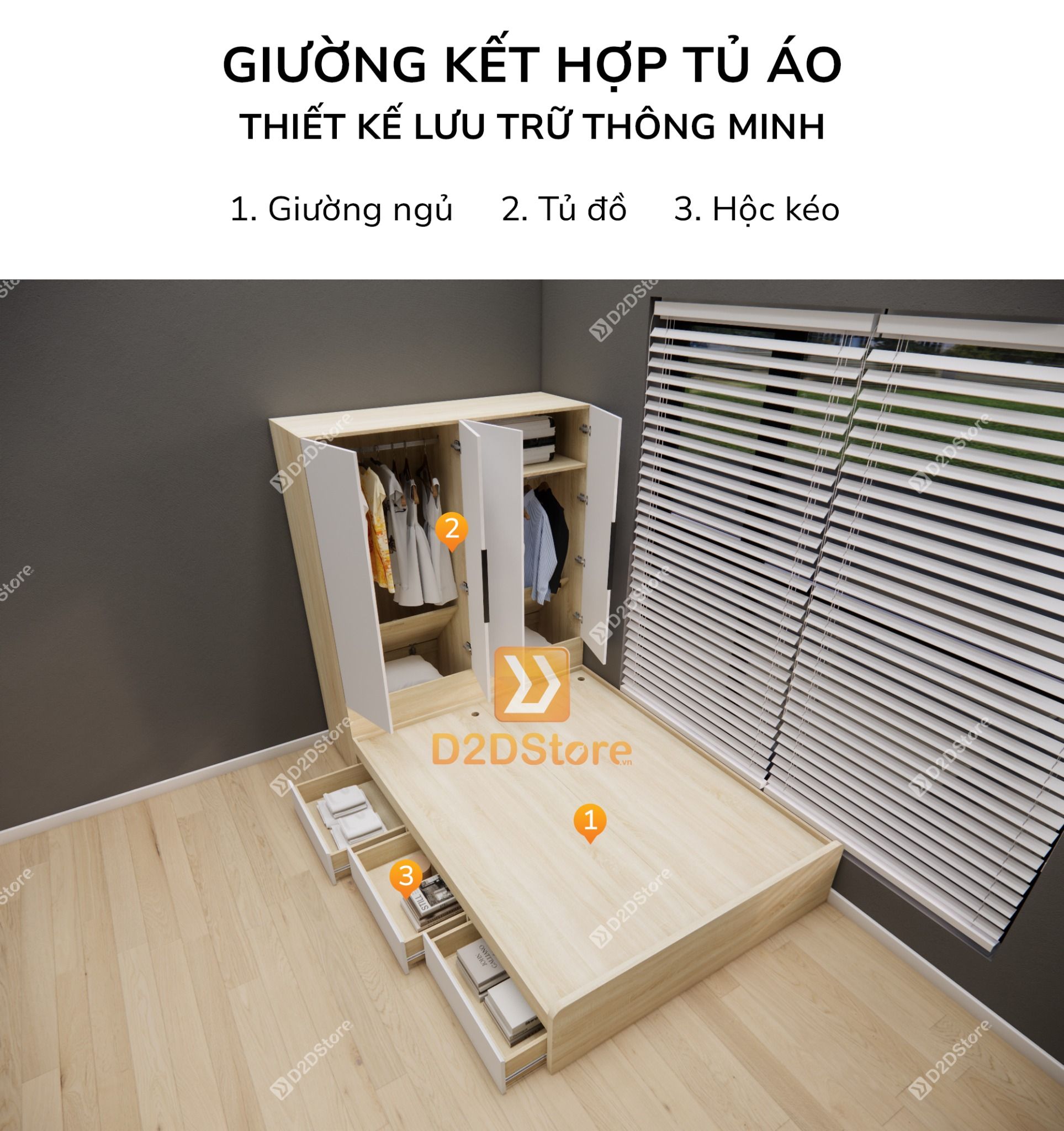  Giường ngủ kết hợp tủ áo GDN.TA06 