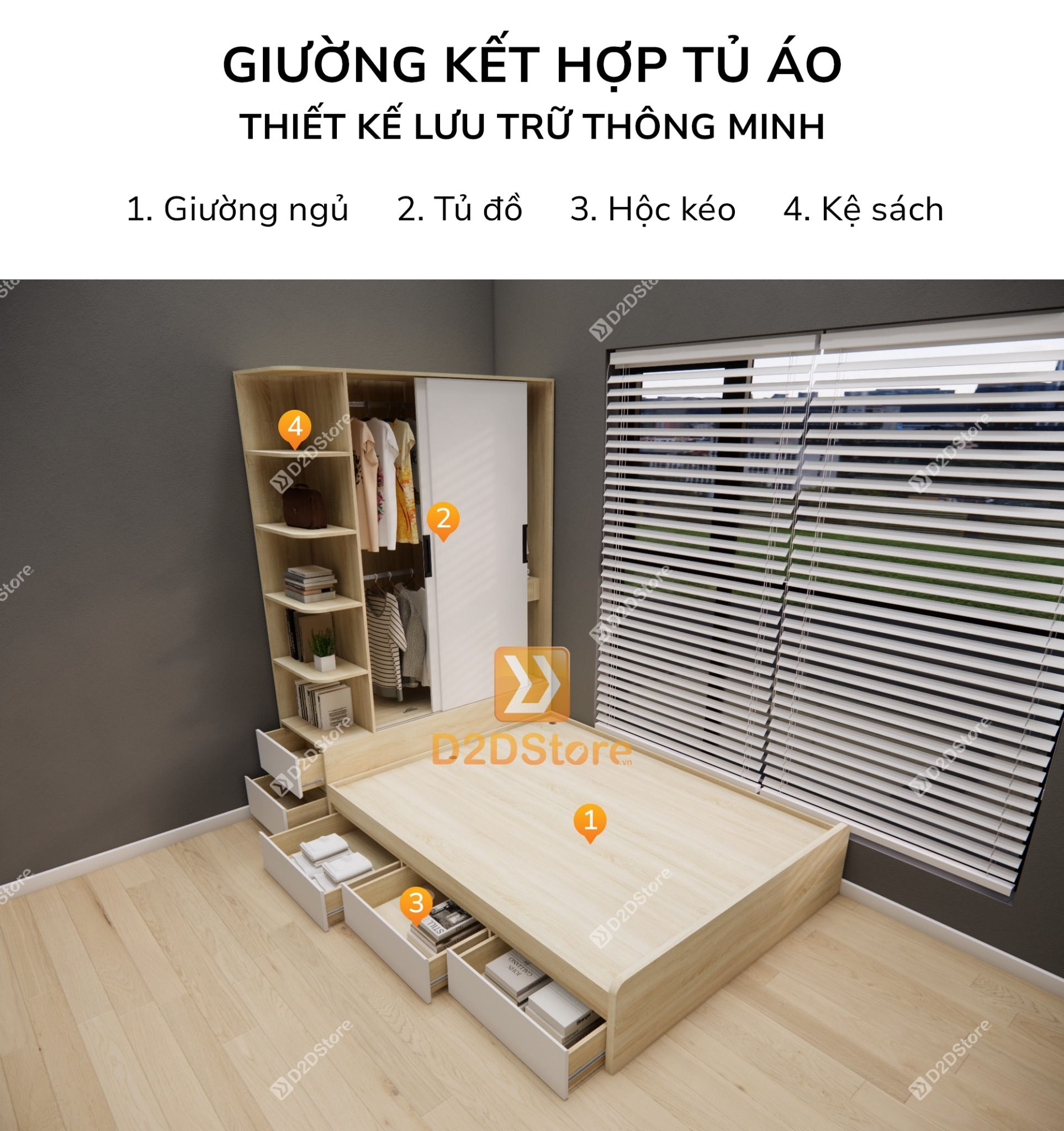  Giường ngủ kết hợp tủ áo GDN.TA08 