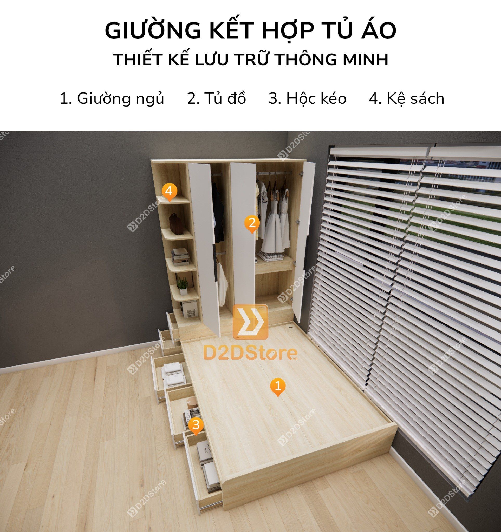  Giường ngủ kết hợp tủ áo GDN.TA09 