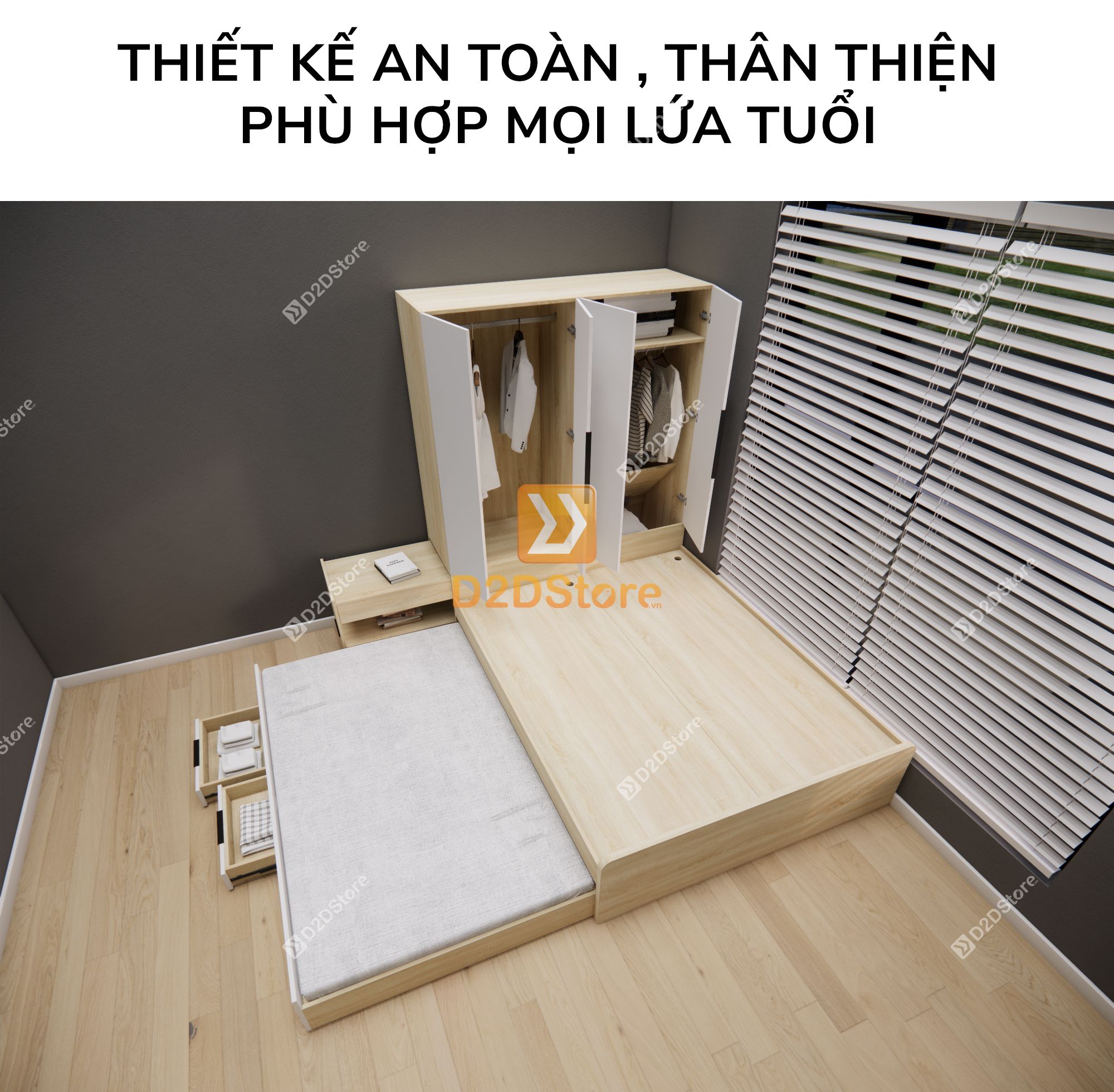  Giường ngủ kết hợp tủ áo GDN.TA10 
