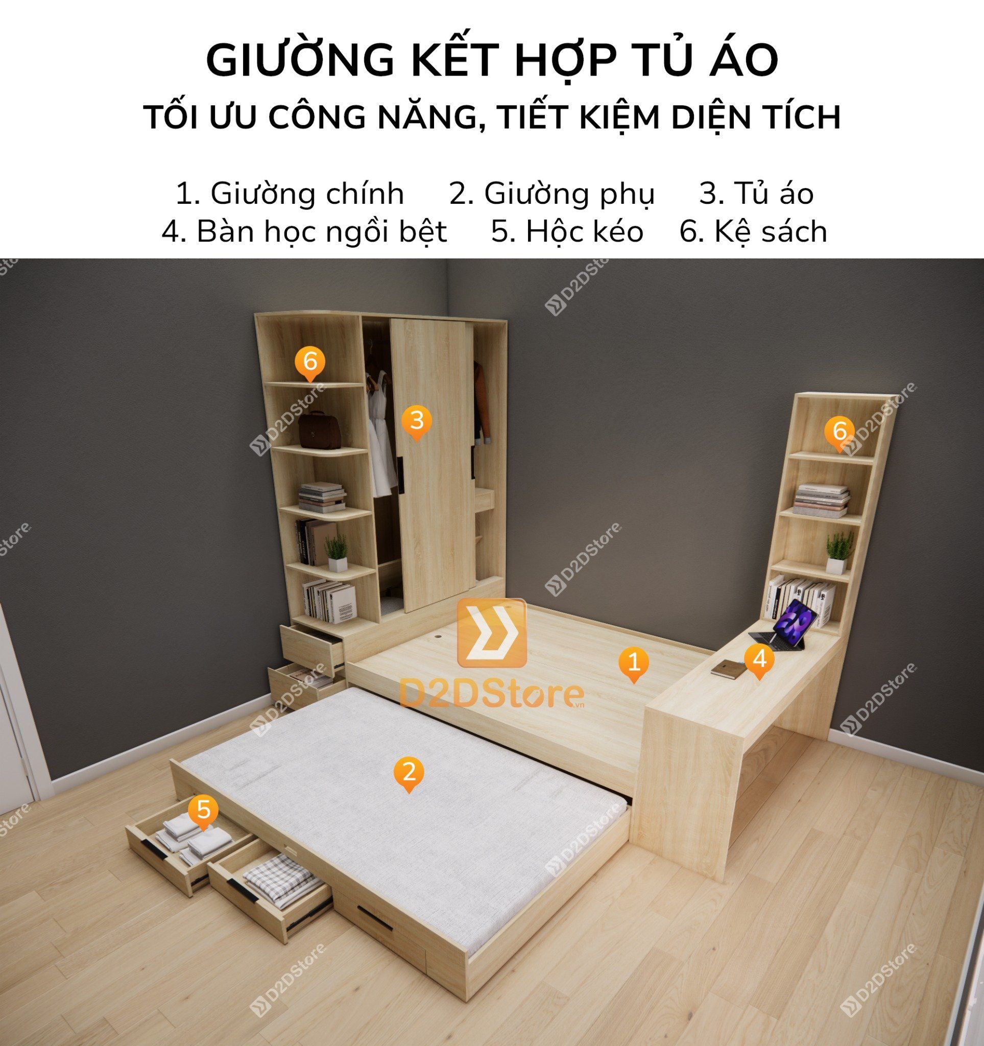  Giường ngủ kết hợp tủ áo GDN.TA11 