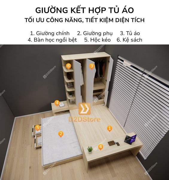 Giường ngủ kết hợp tủ áo GDN.TA12