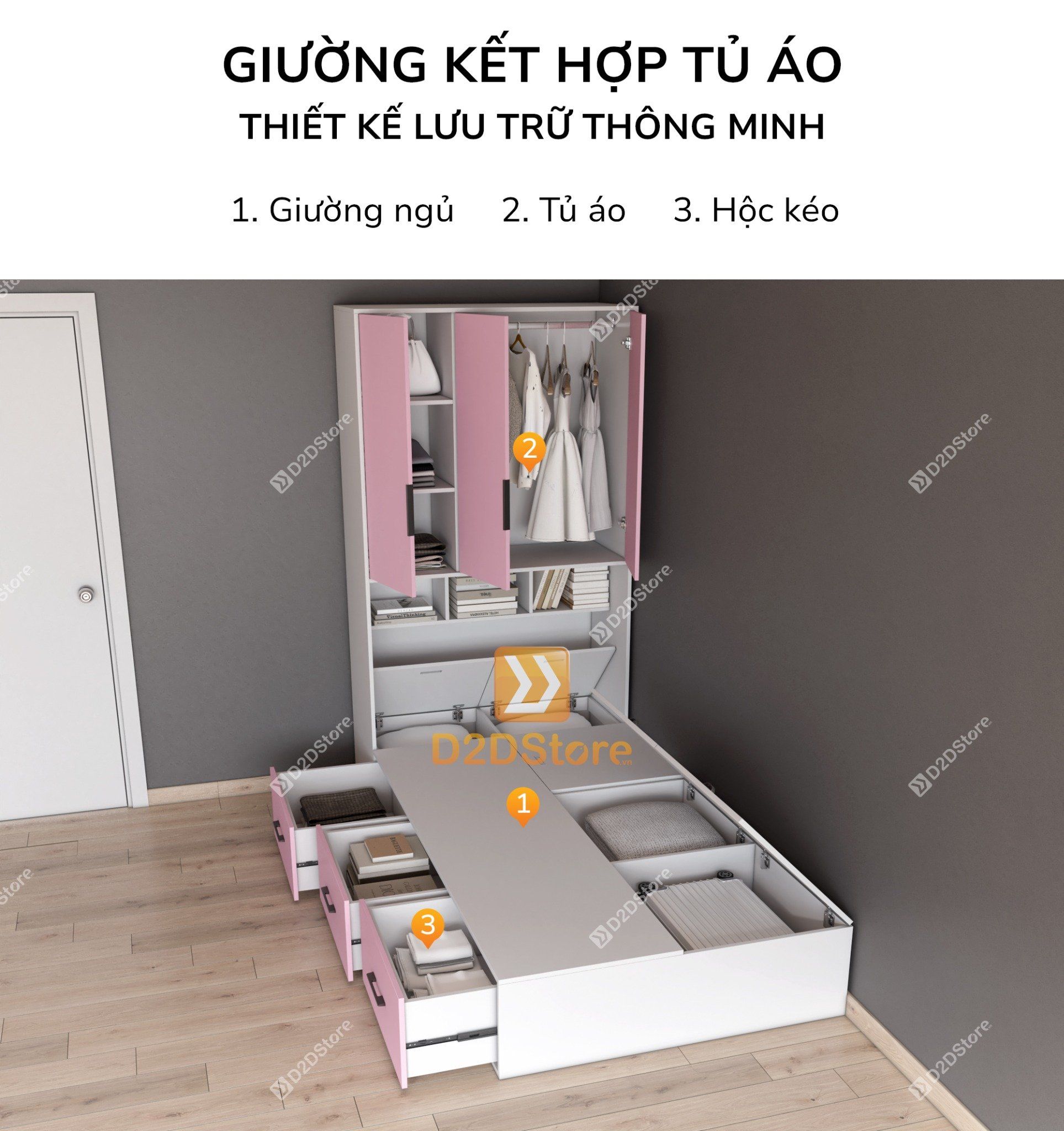  Giường ngủ kết hợp tủ áo GDN.TA02 