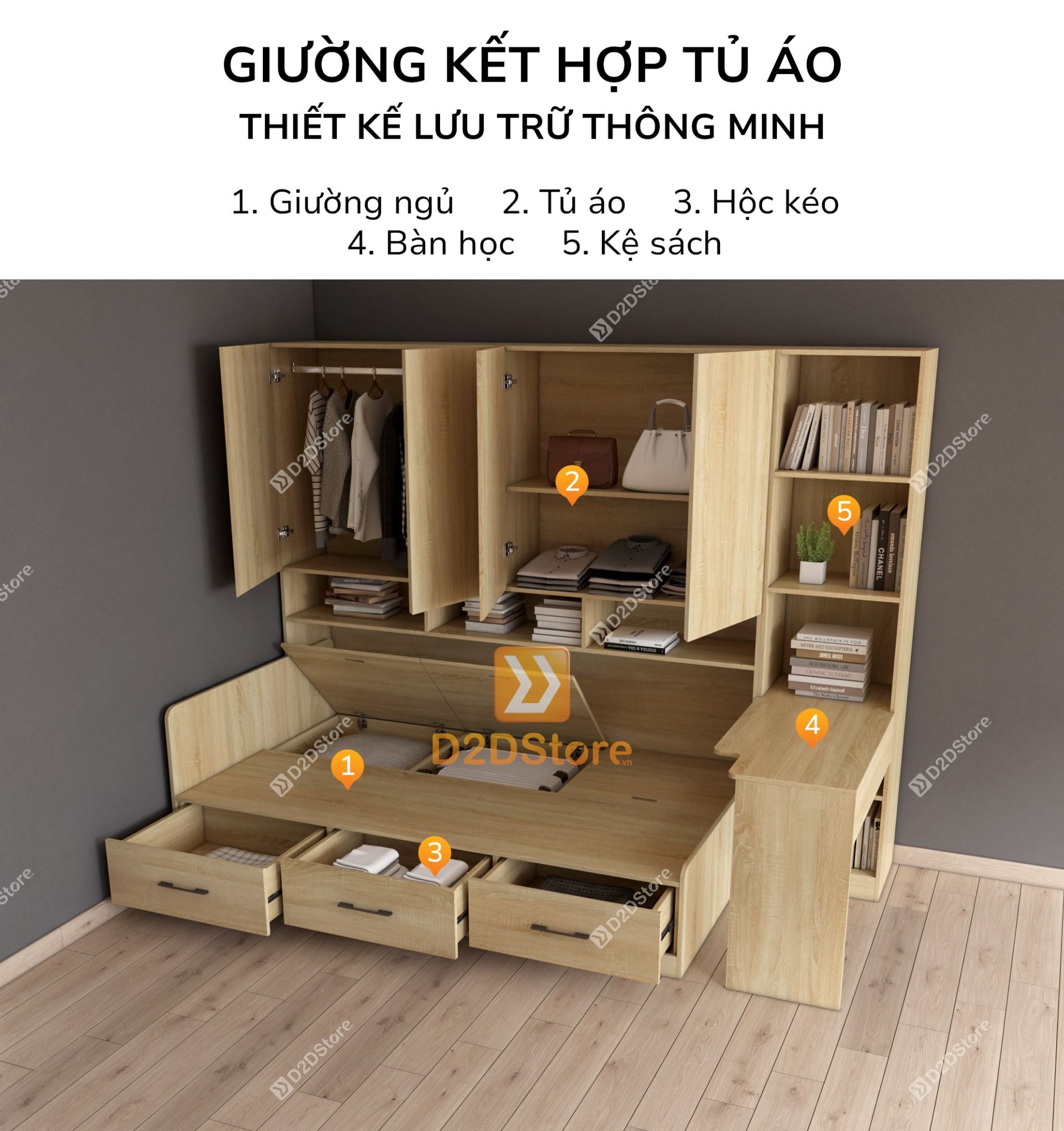  Giường ngủ kết hợp tủ áo GDN.TA03 