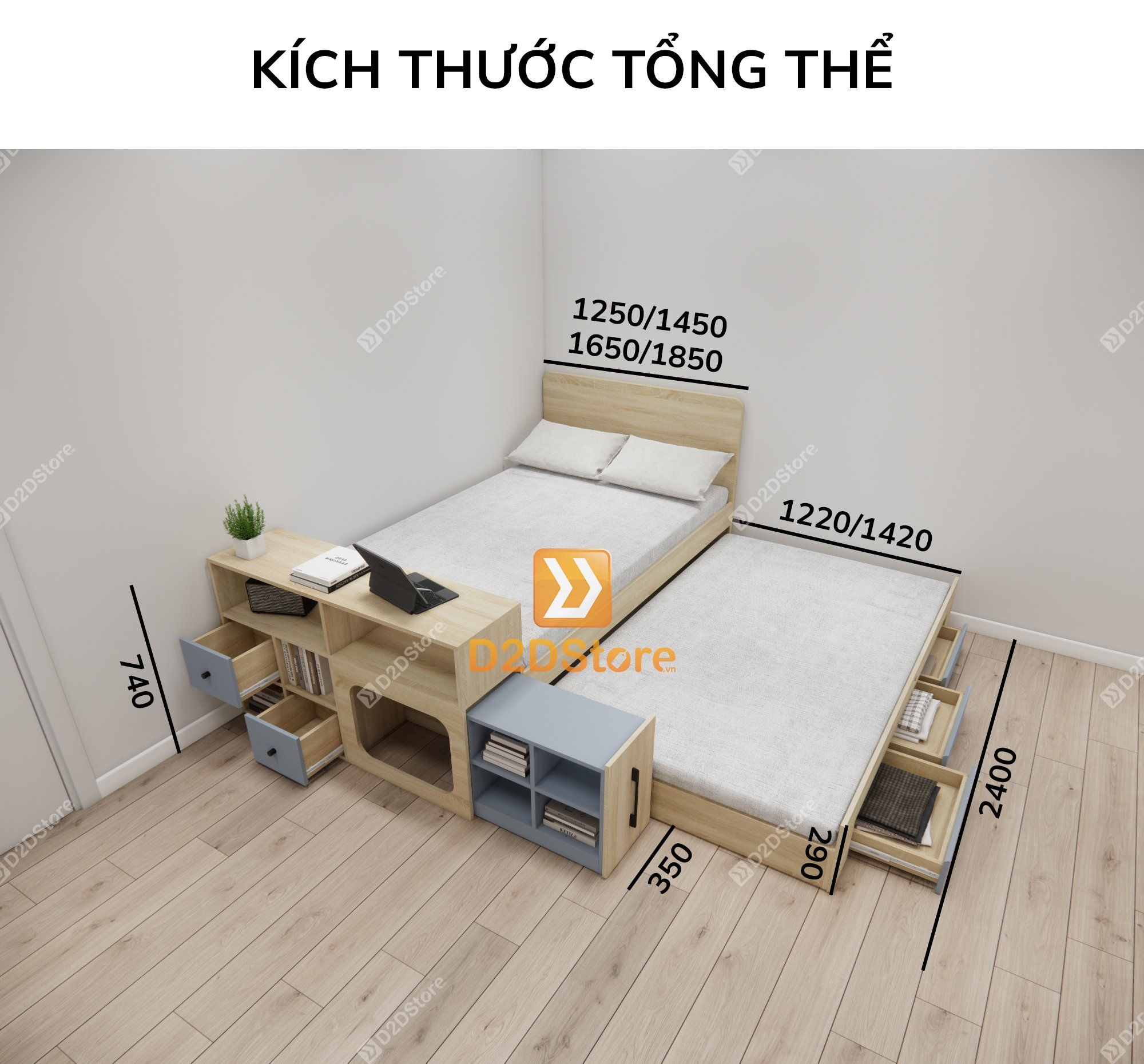  Giường kéo 2 tầng thông minh nhiều kích thước mã BC.GMC04 