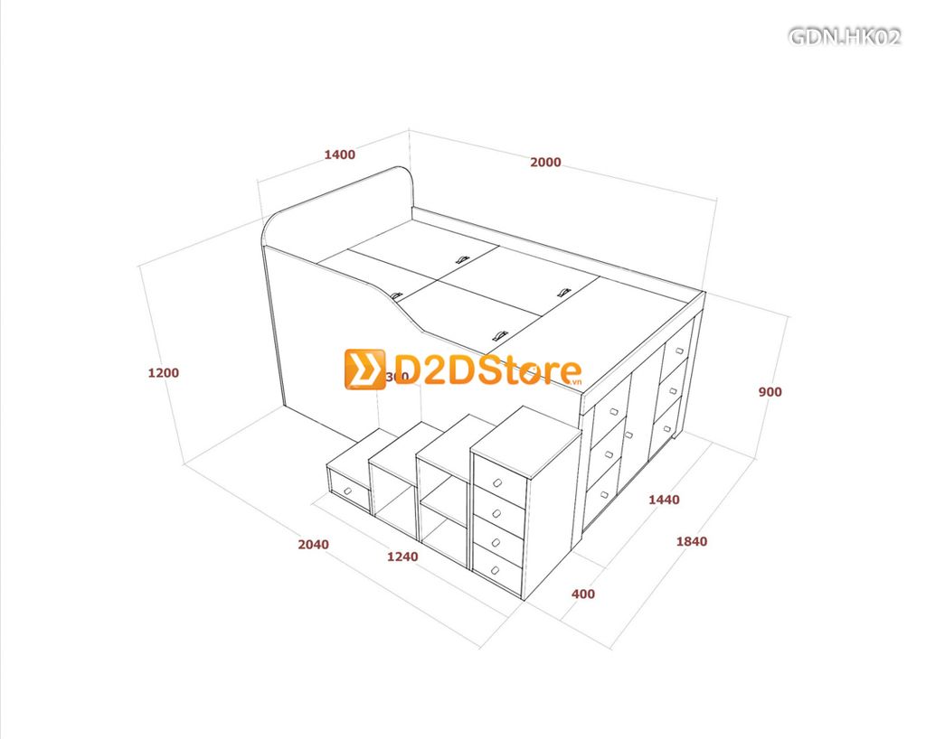 Giường ngủ kết hợp nhiều hộc kéo GDN.HK02