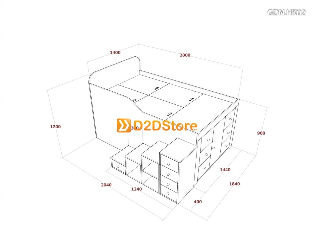  Giường ngủ kết hợp nhiều hộc kéo GDN.HK02 