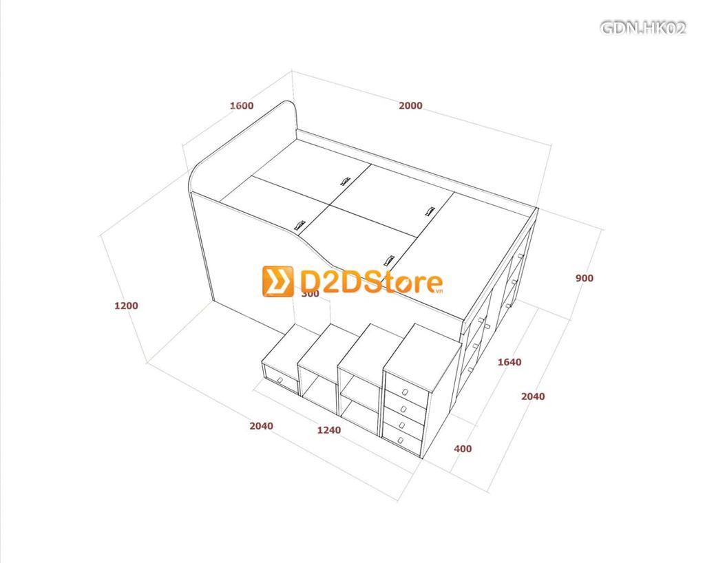 Giường ngủ kết hợp nhiều hộc kéo GDN.HK02
