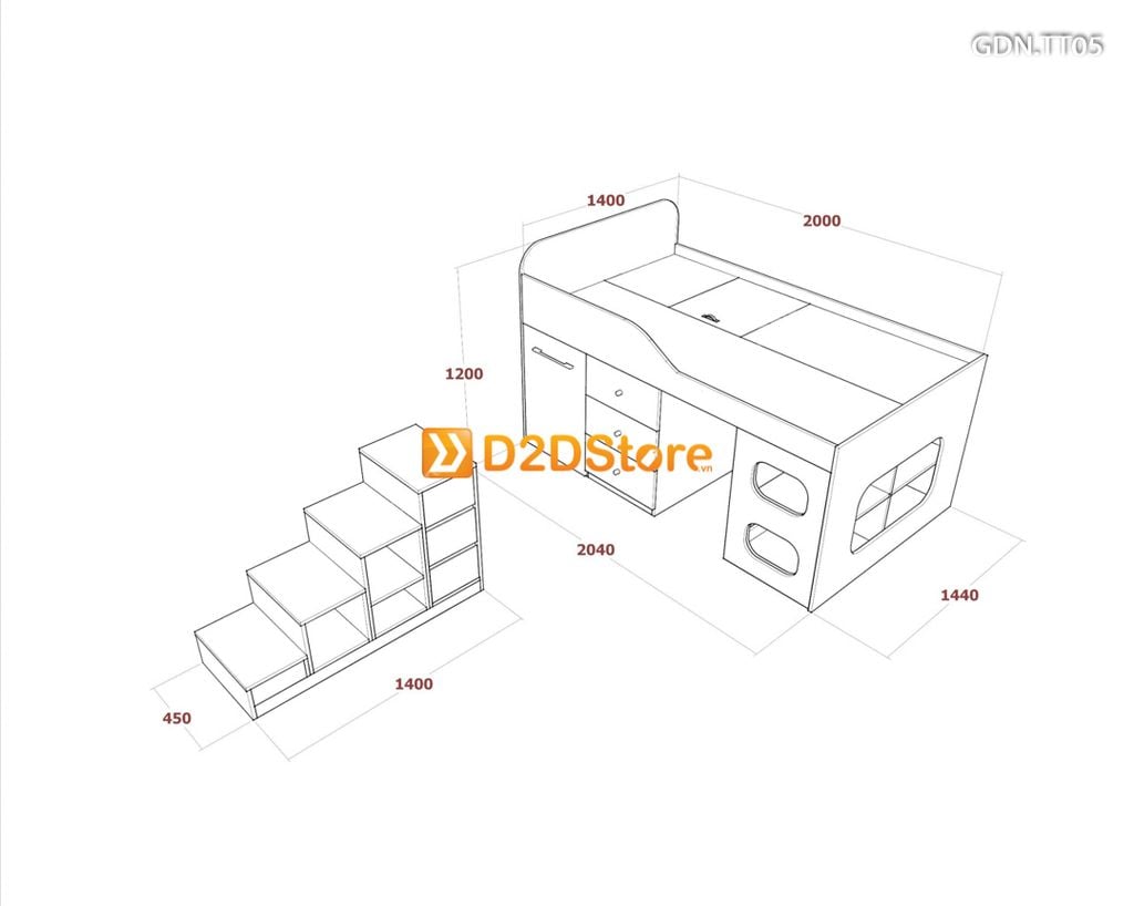 Giường kết hợp tủ áo thấp GDN.TT05