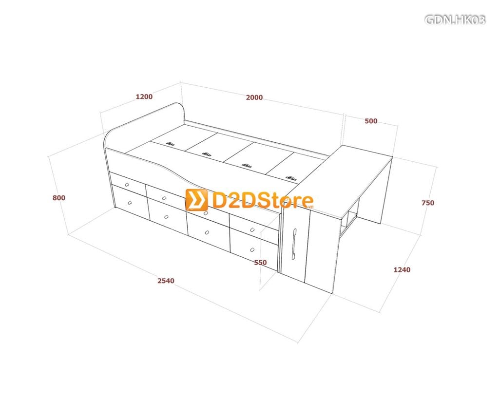 Giường ngủ kết hợp nhiều hộc kéo GDN.HK03