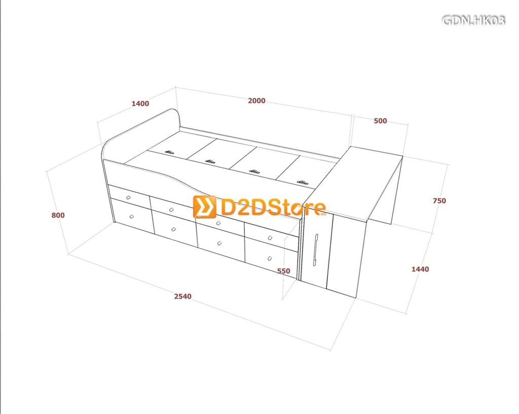Giường ngủ kết hợp nhiều hộc kéo GDN.HK03