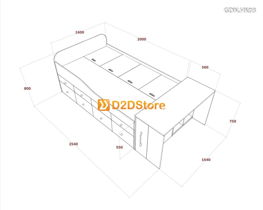 Giường ngủ kết hợp nhiều hộc kéo GDN.HK03