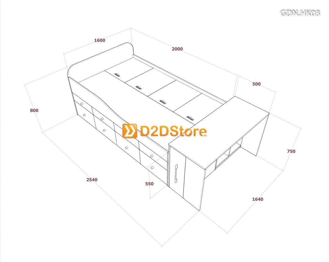  Giường ngủ kết hợp nhiều hộc kéo GDN.HK03 