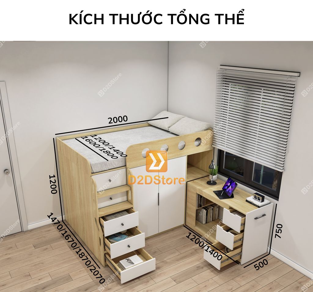 Giường ngủ kết hợp bàn học tủ áo GDN.BT16