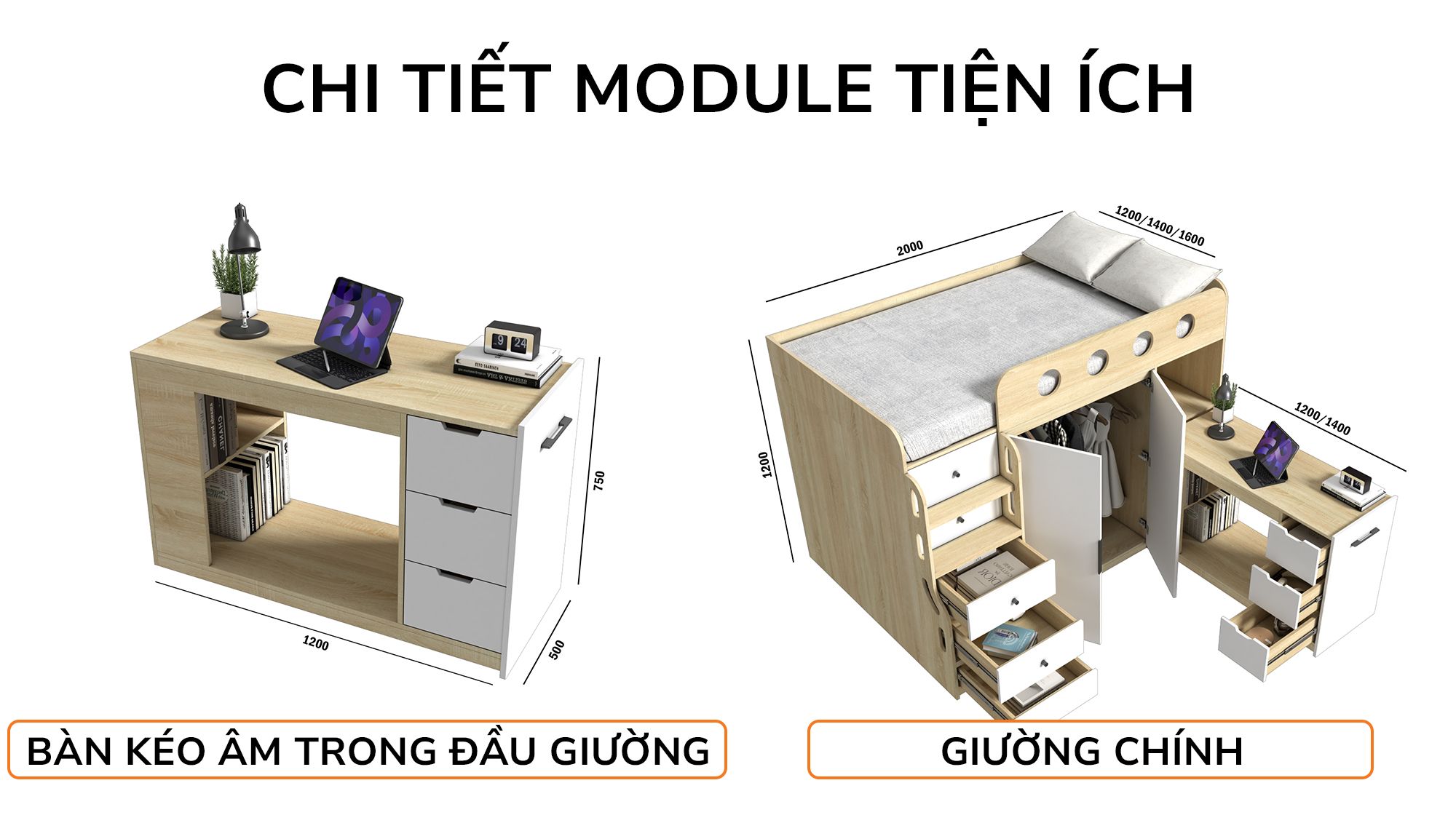  Giường ngủ kết hợp bàn học tủ áo GDN.BT16 