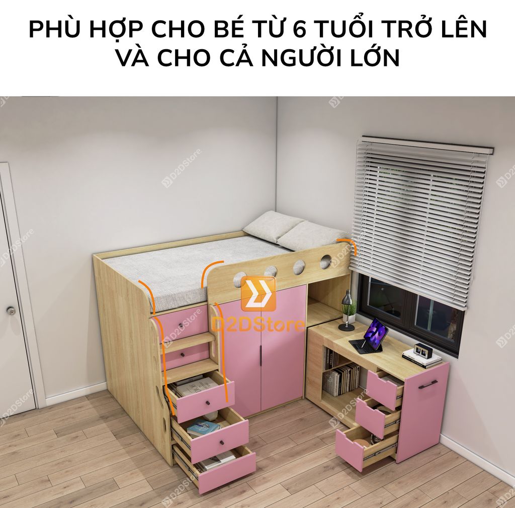 Giường ngủ kết hợp bàn học tủ áo GDN.BT16