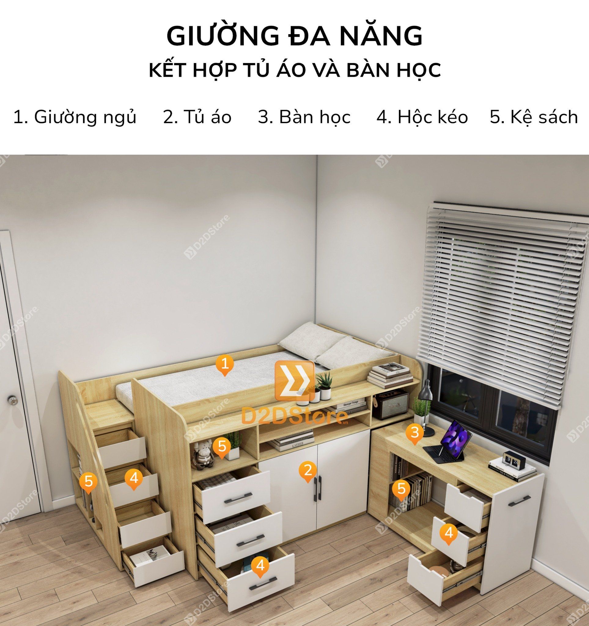  Giường kết hợp tủ áo và các ngăn hộc tủ lưu trữ đa năng mã BC.GDN13 
