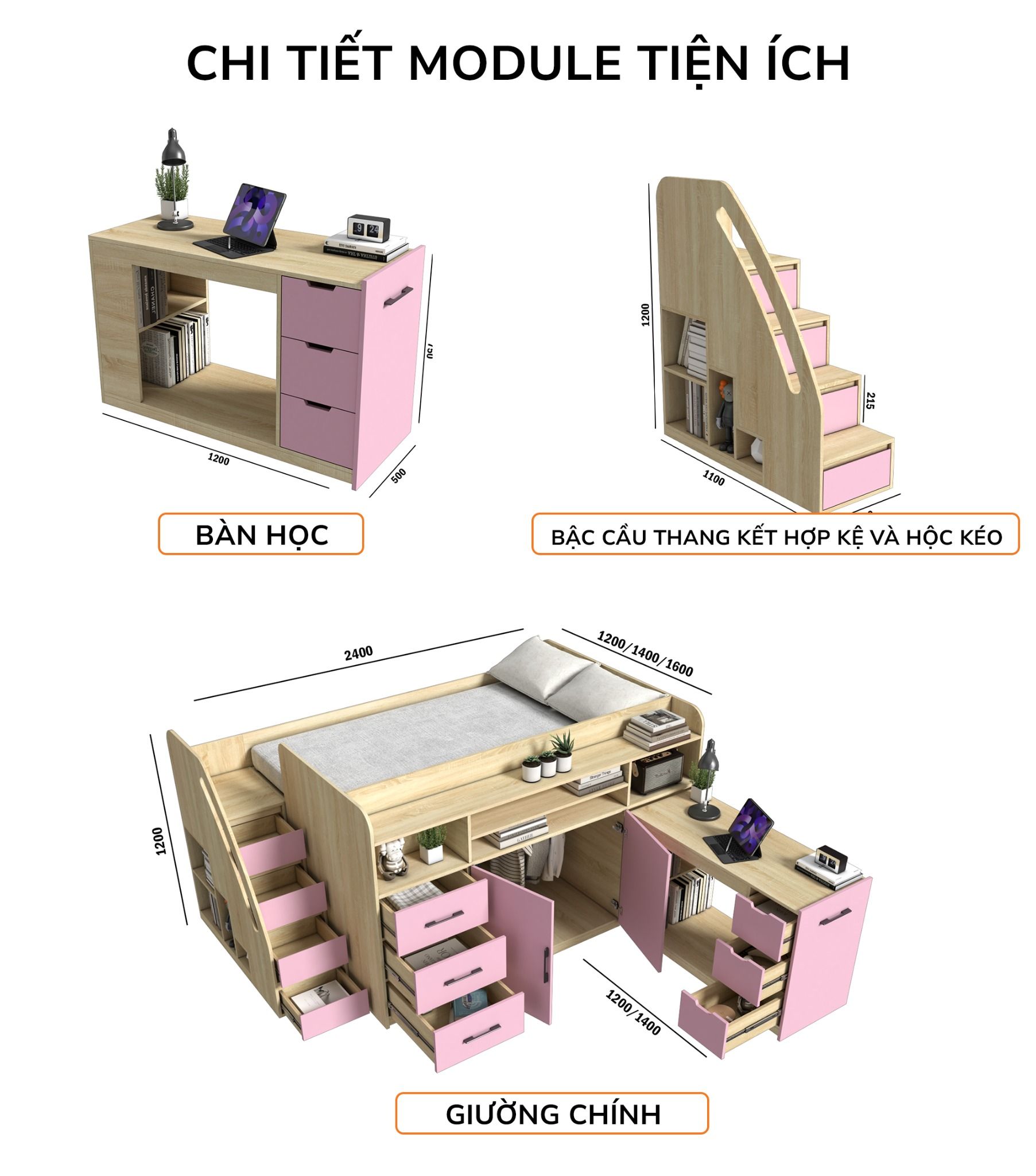  Giường ngủ kết hợp bàn học tủ áo GDN.BT17 
