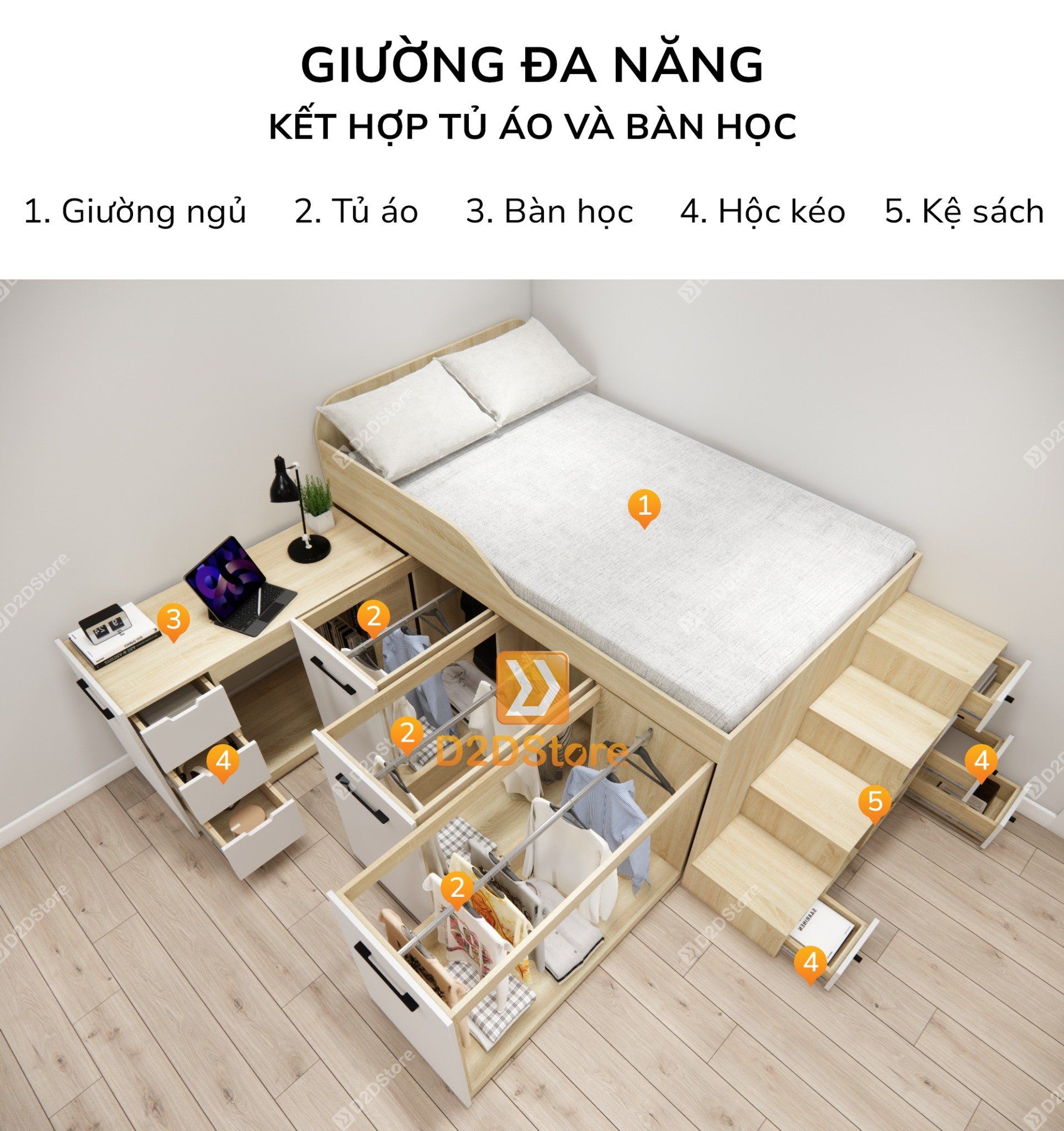  Giường ngủ kết hợp bàn học tủ áo GDN.BT19 