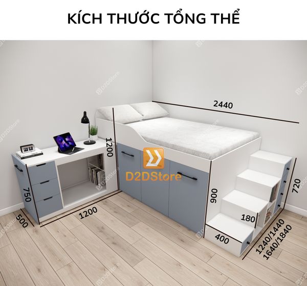 Giường ngủ kết hợp bàn học tủ áo GDN.BT19